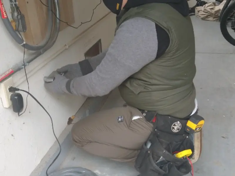 Electrician performing outlet wiring in a North Dansville garage